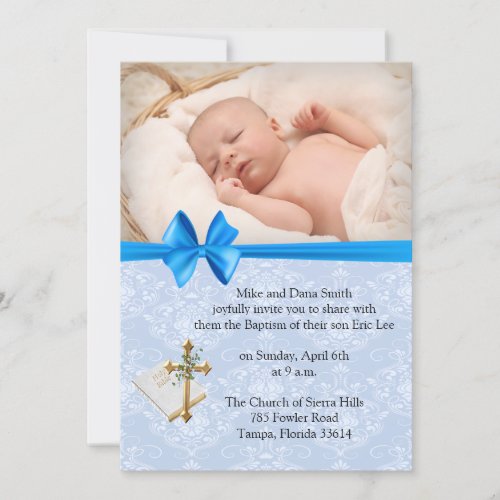 Beautiful Baby Blue Damask Boy Baptism  Invitation