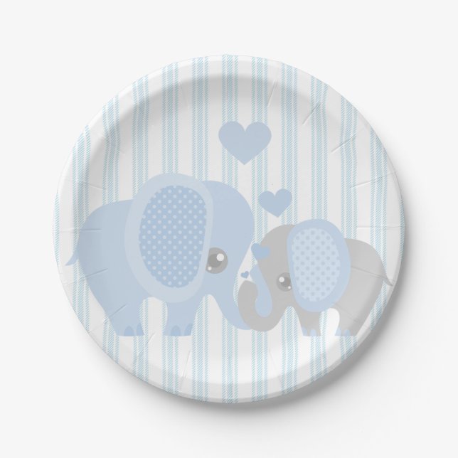 Beautiful Baby Boy Blue Elephant Paper Plates (Front)