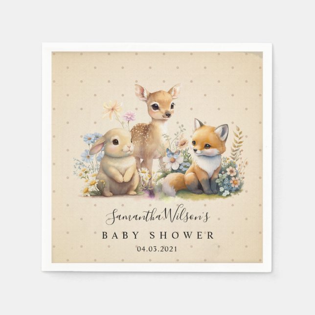 Beautiful Baby Bunny Deer Fox Floral Baby Shower N Napkins (Front)