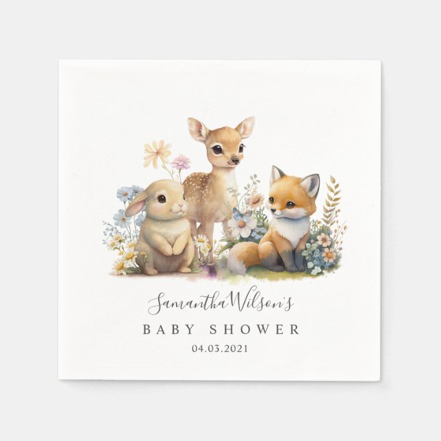 Beautiful Baby Bunny Deer Fox Floral Baby Shower Napkins (Front)