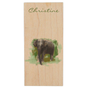 Beautiful Baby Elephant On Wood With Custom Name Wood Flash Drive