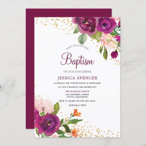 Beautiful Baby Girl Burgundy Pink Floral Baptism Invitation