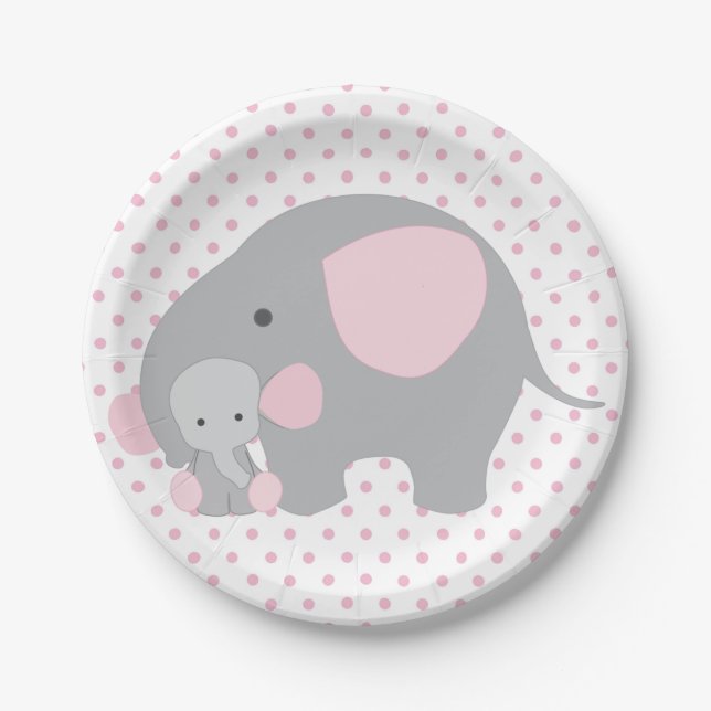 Beautiful Baby Girl Pink Elephant Paper Plates (Front)