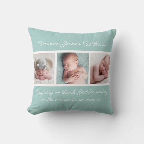 Beautiful Baby Photo Collage Teal Religious Quote Throw Pillow