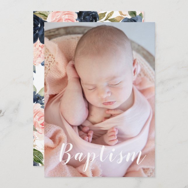 Beautiful Baby Photo Navy & Blush Floral Baptism Invitation (Front/Back)