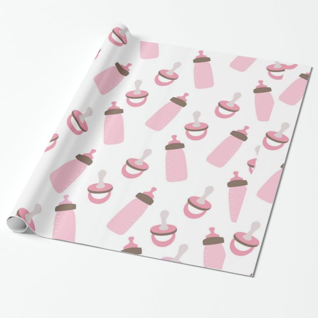 Beautiful Baby Pink Bottles and Pacifiers Wrapping Paper (Unrolled)