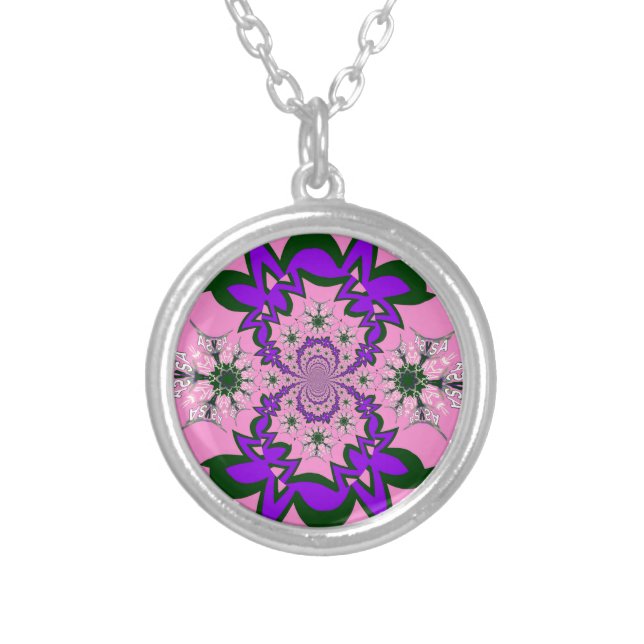 Beautiful Baby Pink Floral Purple Shade Motif Art  Silver Plated Necklace (Front)