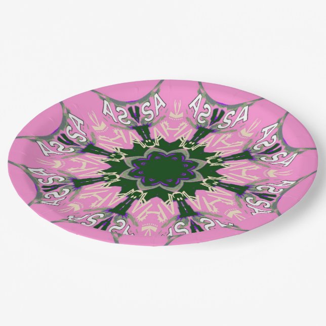 Beautiful baby pink  purple shade motif monogram paper plates (Angled)