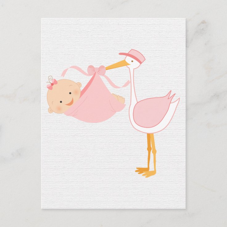 Beautiful Baby Pink Stork, It’s a Girl! Announcement Postcard | Zazzle