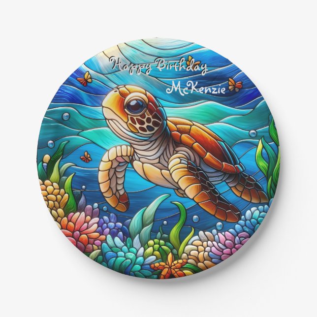 Beautiful Baby Sea Turtle Swimming Paper Plates (Front)