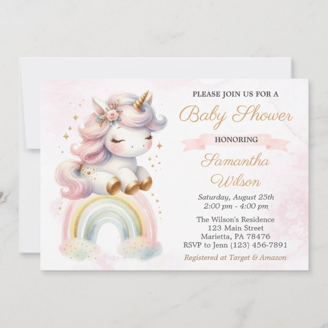 Beautiful Baby Unicorn and Rainbow Baby Shower Invitation (Front)