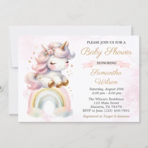 Beautiful Baby Unicorn and Rainbow Baby Shower Invitation