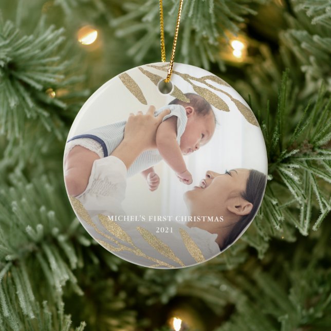 Beautiful Baby's First Christmas Botanical Photo Ceramic Ornament (Tree)