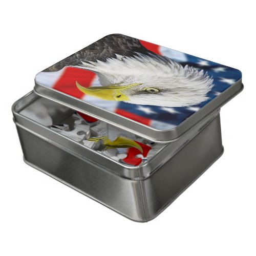 Beautiful Bald Eagle head  and a American flag 1 Jigsaw Puzzle