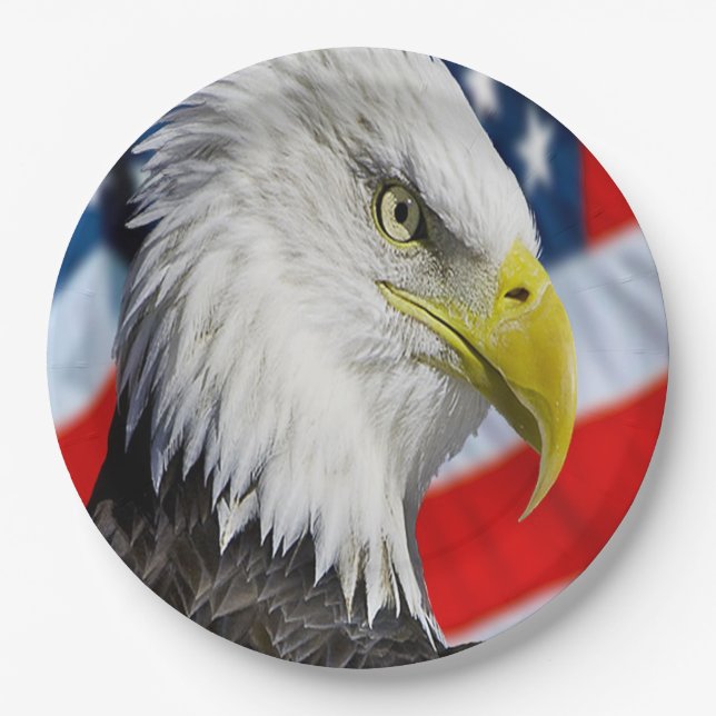 Beautiful Bald Eagle head  and a American flag 1 Paper Plates (Front)