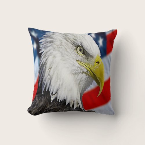 Beautiful Bald Eagle head  and a American flag 1 Throw Pillow