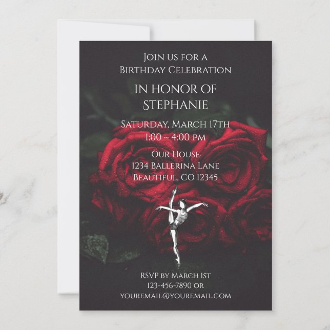 Beautiful Ballerina and Roses Ballet Birthday Invitation (Back)