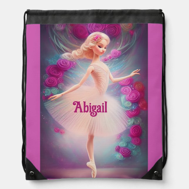 Beautiful Ballerina and Roses Floral Ballet Dance Drawstring Bag (Front)