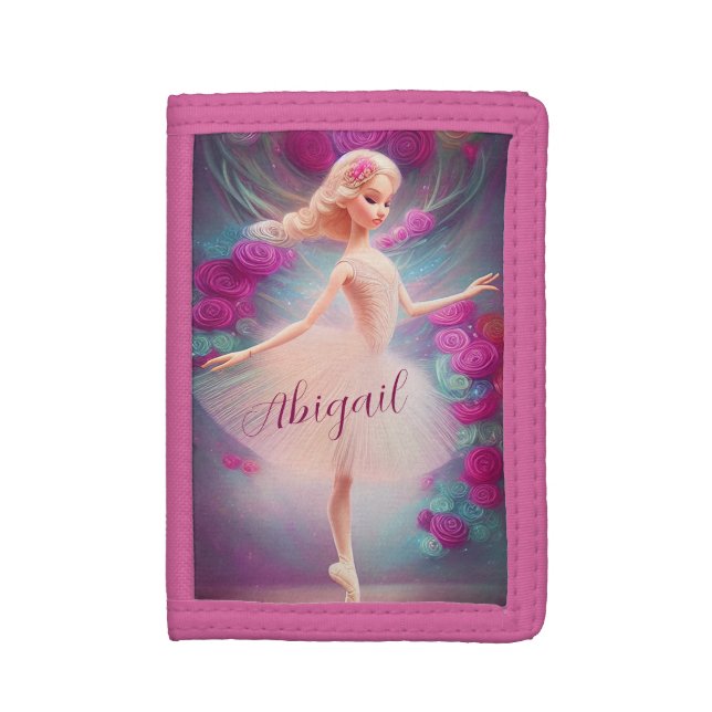 Beautiful Ballerina and Roses Floral Ballet Dance Trifold Wallet (Front Vertical)