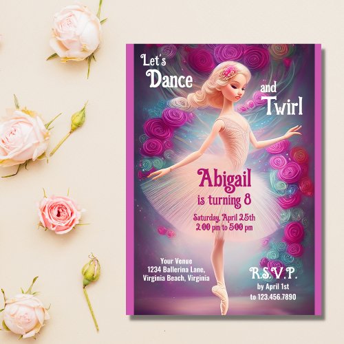 Beautiful Ballerina Roses Floral Ballet Birthday Invitation