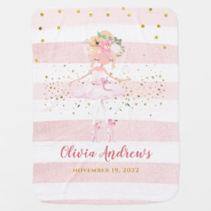Beautiful Ballerina Watercolor Pink Stripes Girl Baby Blanket