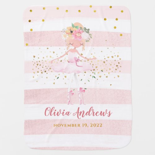 Beautiful Ballerina Watercolor Pink Stripes Girl Baby Blanket