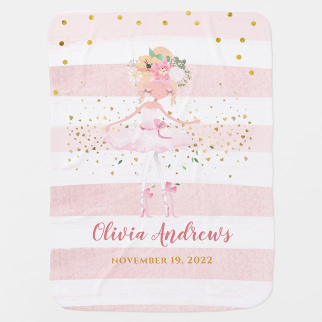 Beautiful Ballerina Watercolor Pink Stripes Girl Baby Blanket (Front)