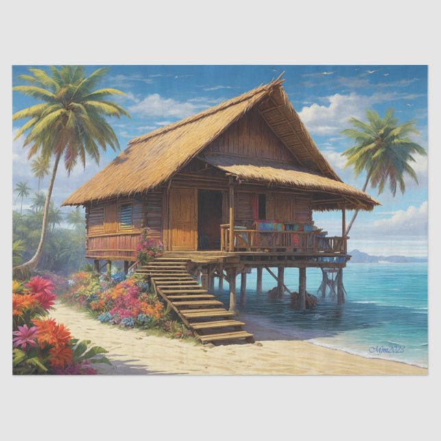Beautiful Bamboo Hut In Tropical Island Beach Tissue Paper (Front)