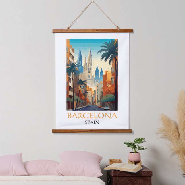Beautiful Barcelona Spain Retro Vintage Travel Hanging Tapestry (Bedroom)