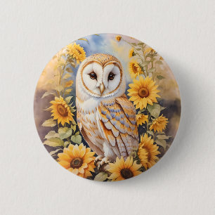 Beautiful Barn Owl And Sunflowers Button