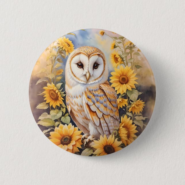 Beautiful Barn Owl And Sunflowers Button (Front)