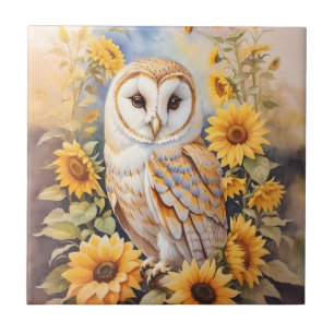Beautiful Barn Owl And Sunflowers Ceramic Tile