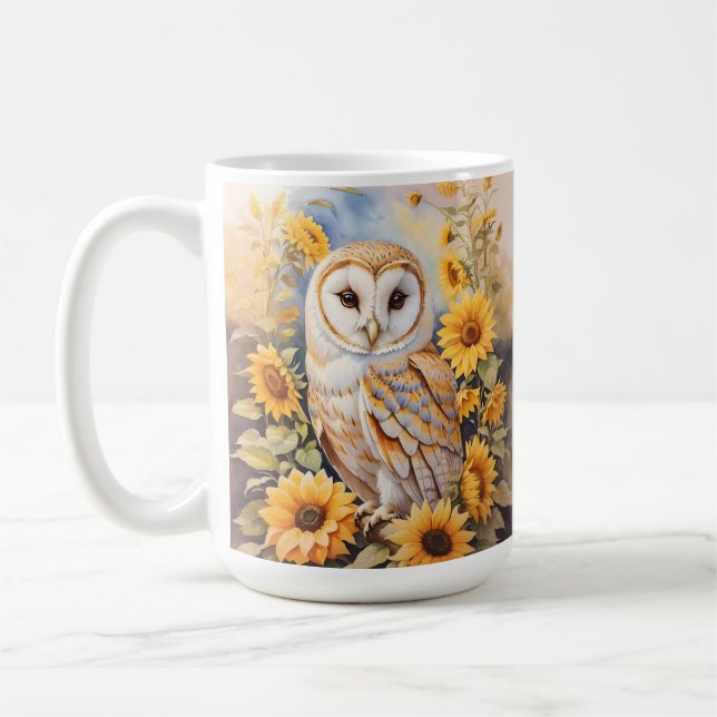 Beautiful Barn Owl And Sunflowers Coffee Mug (Left)