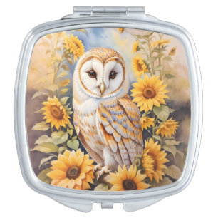 Beautiful Barn Owl And Sunflowers Compact Mirror