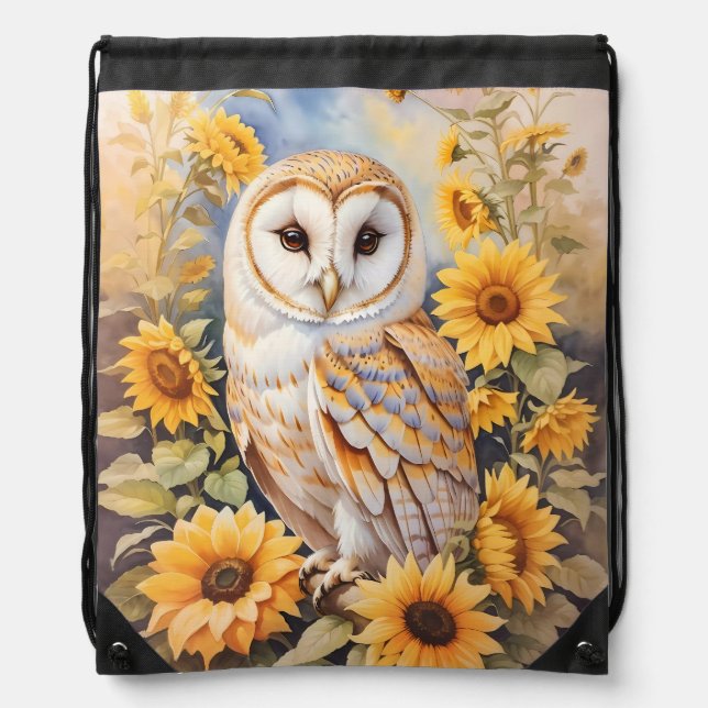 Beautiful Barn Owl And Sunflowers Drawstring Bag (Front)