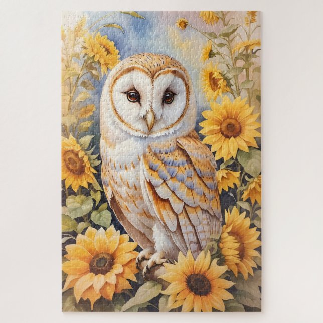 Beautiful Barn Owl And Sunflowers Jigsaw Puzzle (Vertical)