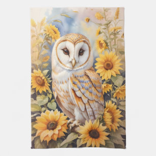 Beautiful Barn Owl And Sunflowers Kitchen Towel