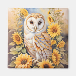 Beautiful Barn Owl And Sunflowers Magnet