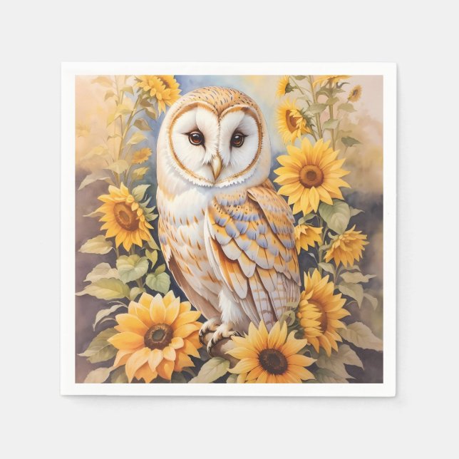 Beautiful Barn Owl And Sunflowers Napkins (Front)