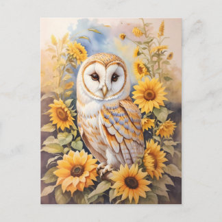 Beautiful Barn Owl And Sunflowers Postcard
