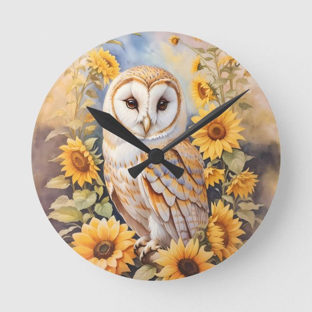 Beautiful Barn Owl And Sunflowers Round Clock (Front)