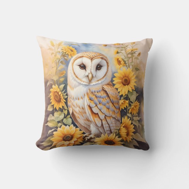 Beautiful Barn Owl And Sunflowers Throw Pillow (Front)