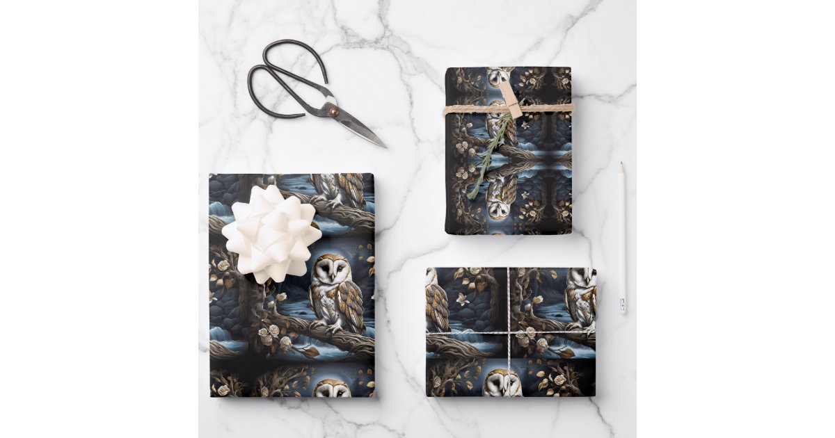 Beautiful barn owl on a branch wrapping paper sheets | Zazzle