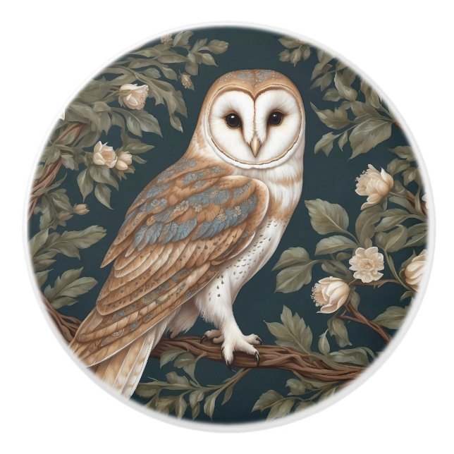 Beautiful Barn Owl William Morris Inspired Ceramic Knob (Front)
