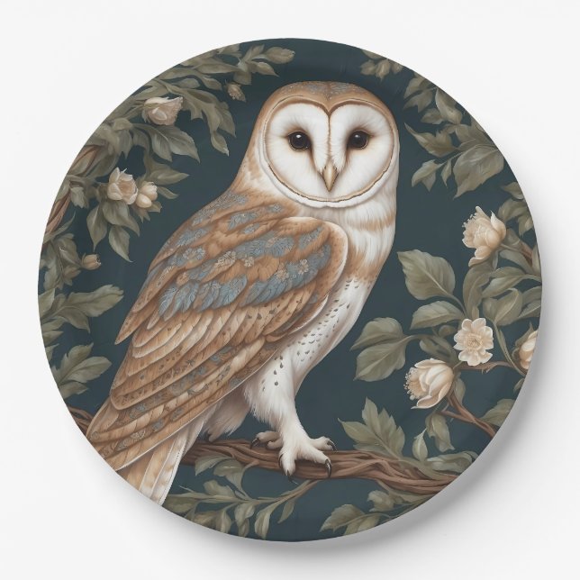 Beautiful Barn Owl William Morris Inspired Paper Plates (Front)