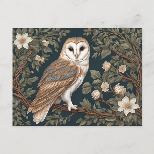 Beautiful Barn Owl William Morris Inspired Postcard (Front)