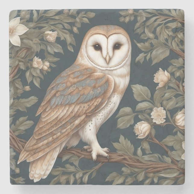 Beautiful Barn Owl William Morris Inspired Stone Coaster (Front)