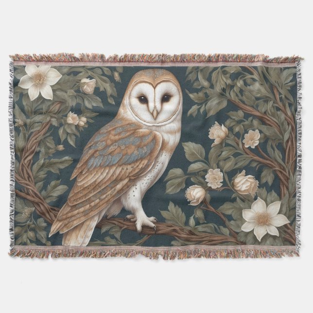 Beautiful Barn Owl William Morris Inspired Throw Blanket (Front)