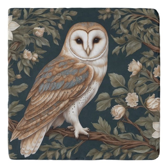 Beautiful Barn Owl William Morris Inspired Trivet (Front)