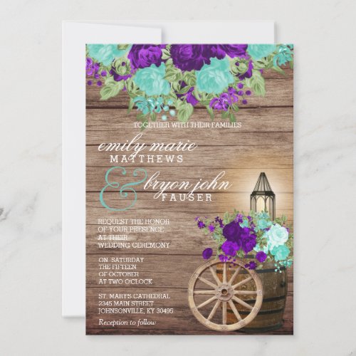 Beautiful Barnwood with Teal  Dark Purple Floral Invitation